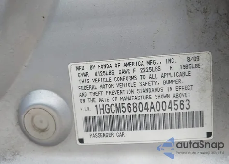 2004 Honda Accord 2.4 Ex из США, поврежденный, VIN 1HGCM56804A004563